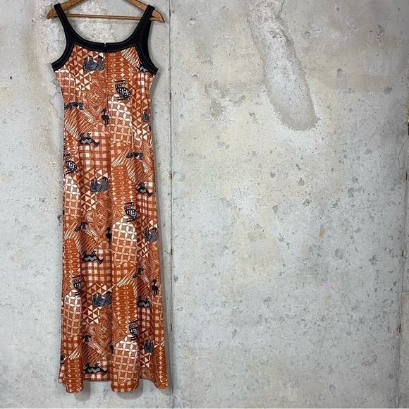 Vintage 80s burnt orange beige black zoo animal tribal maxi dress set medium - Picture 5 of 9